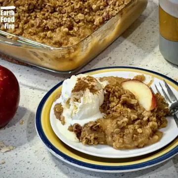 Applesauce crisp served with ice cream on a plate