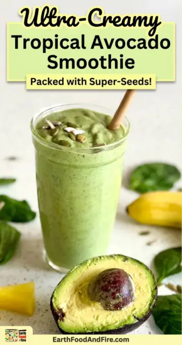 Avocado smoothie with pieces of pineapple, whole banana, half of the avocado, spinach