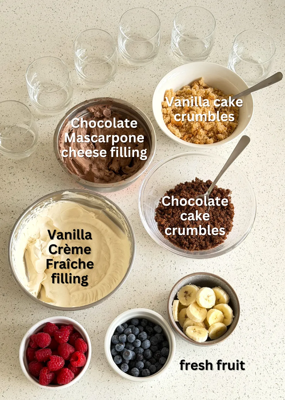 Ingredients for Easy Cake Cups Recipe: Layered Desserts in a Jar