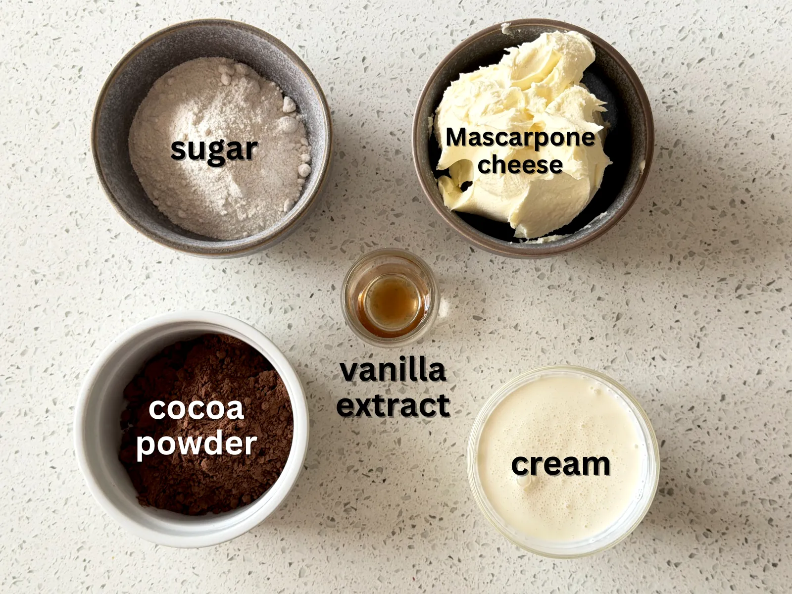 Chocolate Mascarpone cake Filling ingredients - sugar, Mascarpone cheese, cocoa powder, vanilla extract, cream