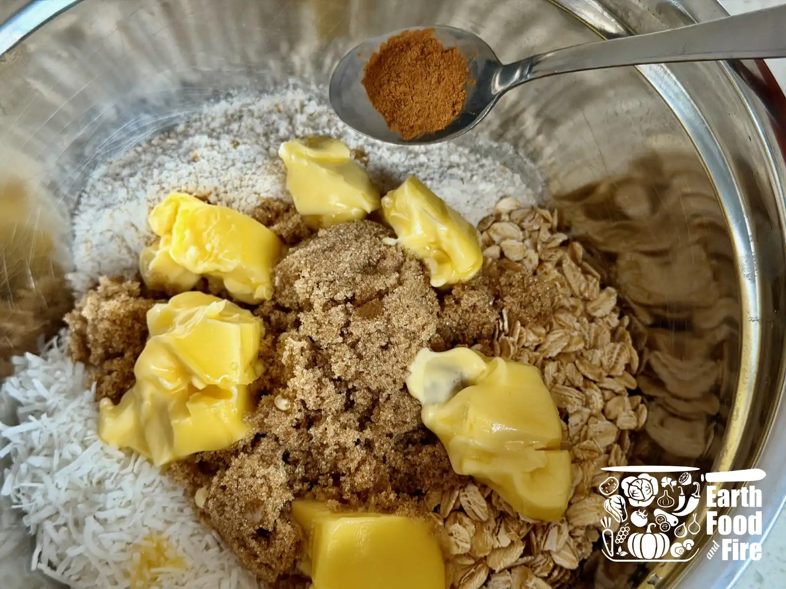 Blueberry crumble recipe - crumble topping ingredients in mixing bowl