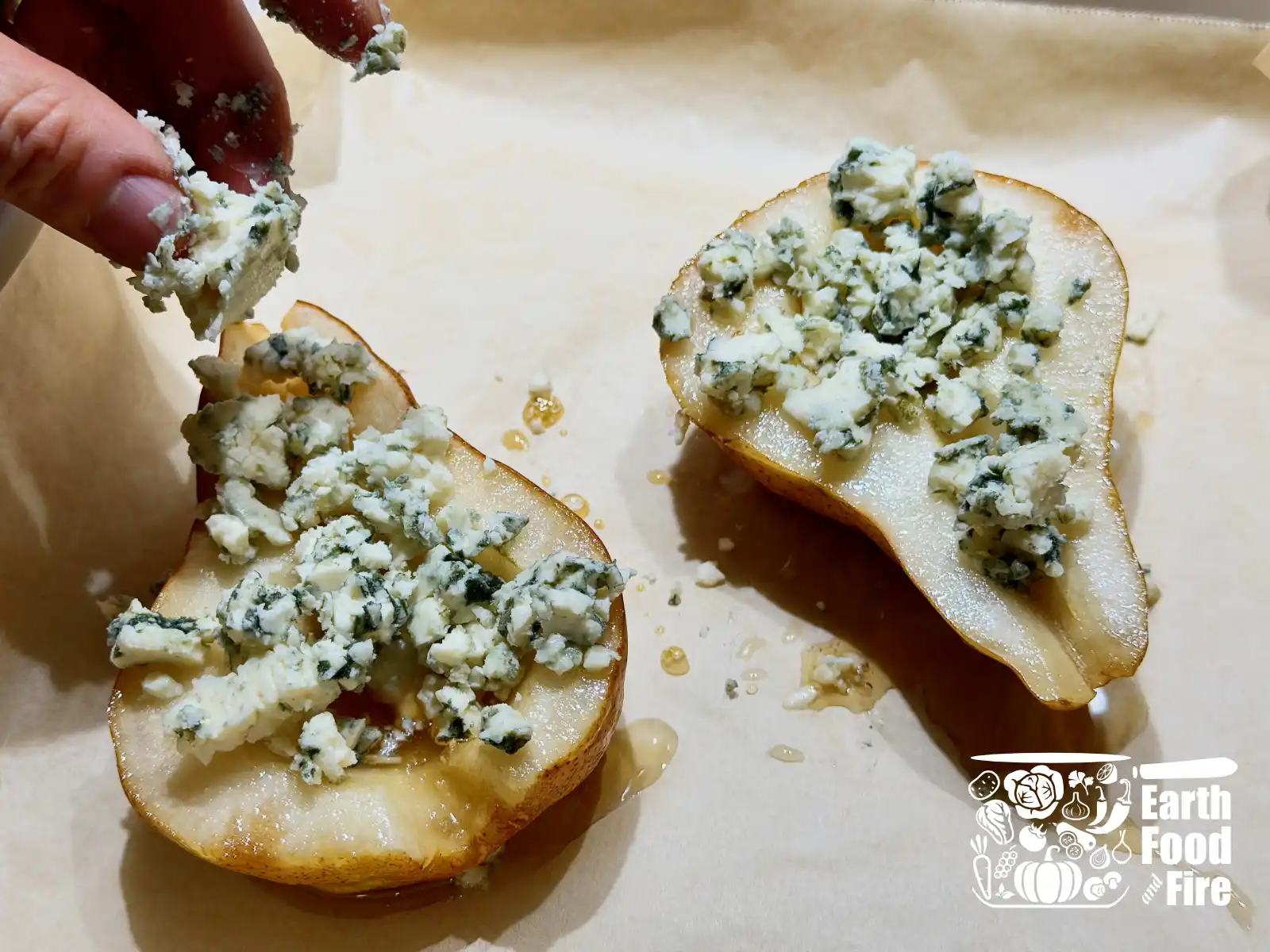 Blue cheese melted and lightly golden on the baked pears