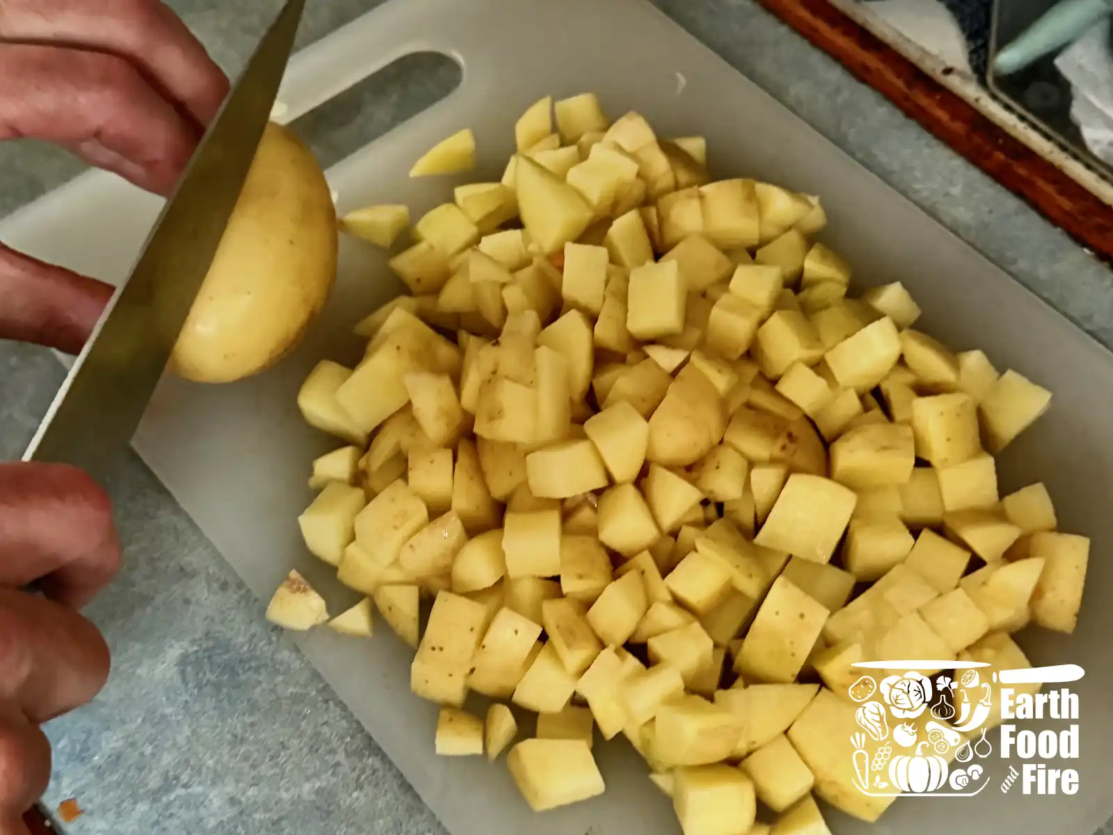 Cutting potatoes - fish chowder prep