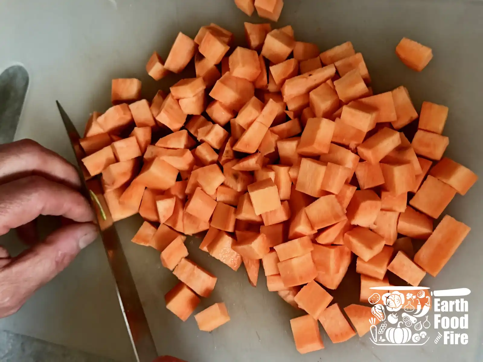 Cutting sweet potatoes - fish chowder prep