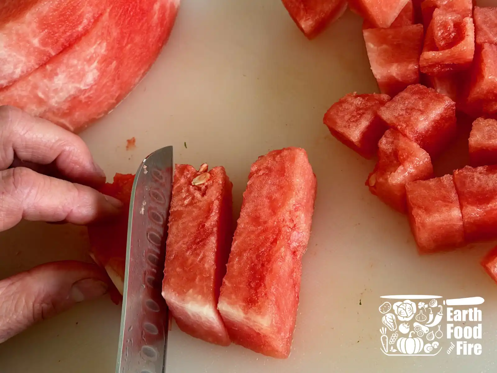 Cutting watermelon into fingers