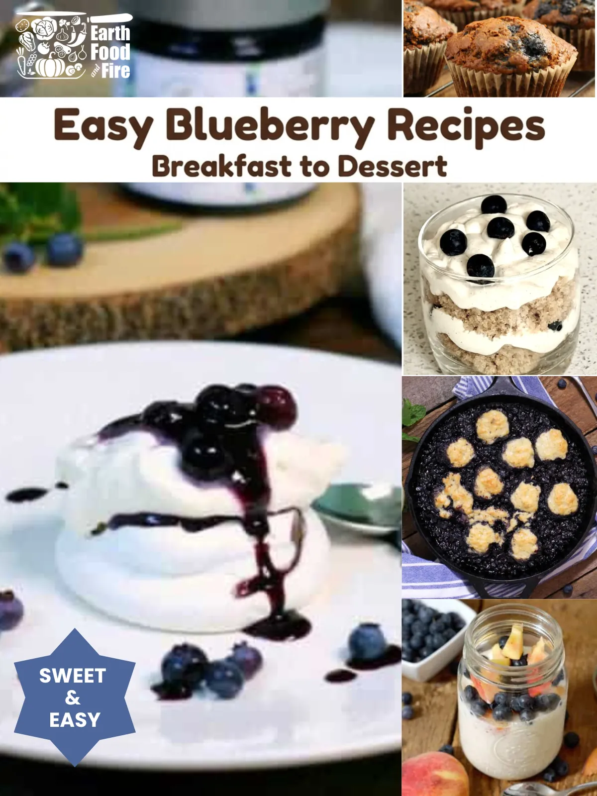 Collage of easy blueberry recipes including overnight oats with Greek yogurt, blueberry bran muffins, layered cake cups, blueberry grunt, and blueberry pavlova.