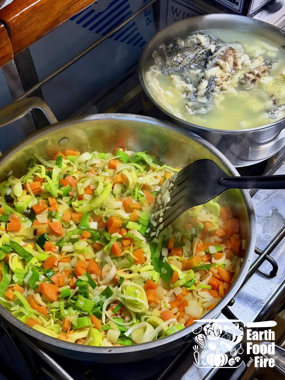 Frying vegetables for cod fish chowder