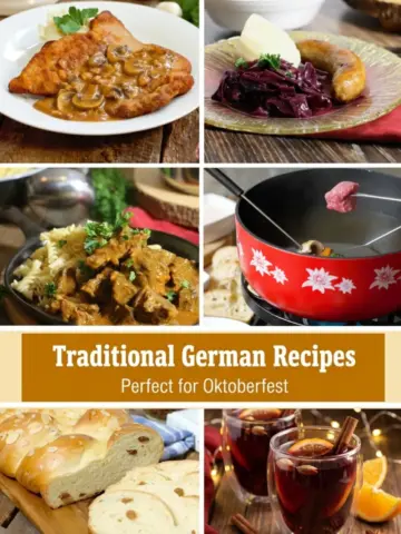German recipes - Jägerschnitzel (Hunter's schnitzel), braised red cabbage, goulash, fondue, raisin bread and mulled wine