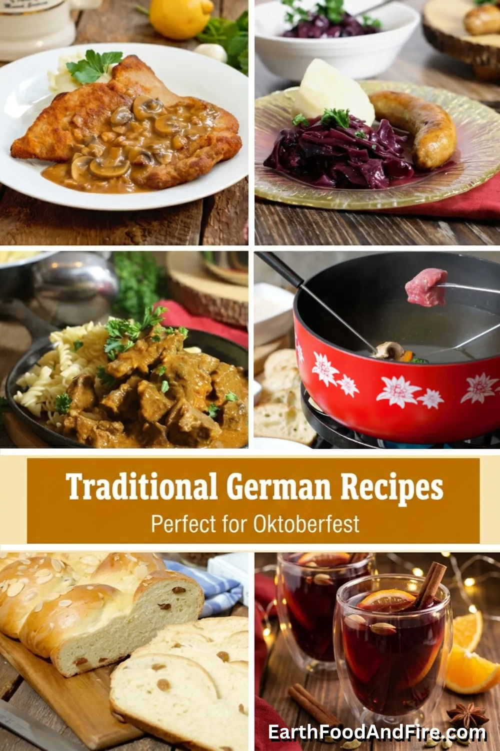 German recipes - Jägerschnitzel (Hunter's schnitzel), braised red cabbage, goulash, fondue, raisin bread and mulled wine