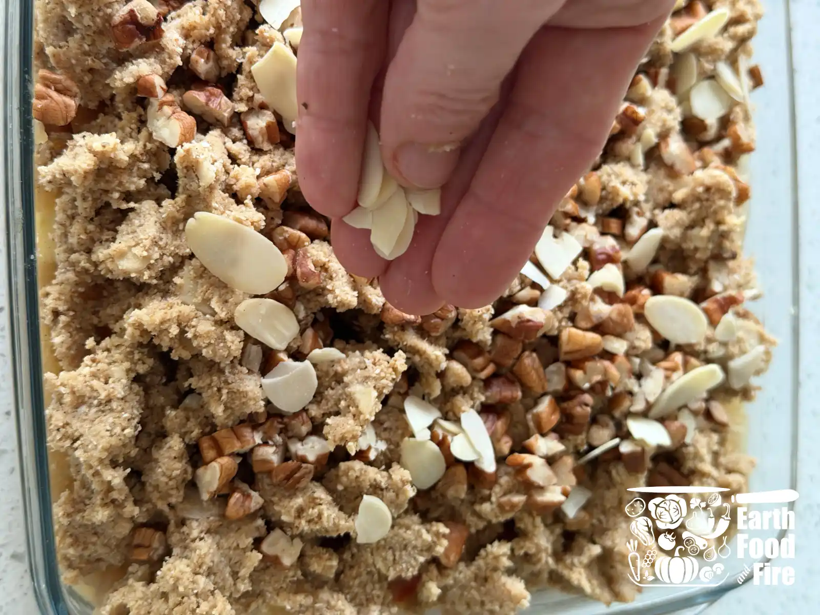 Gluten-free applesauce crisp garnished with pecans and almonds