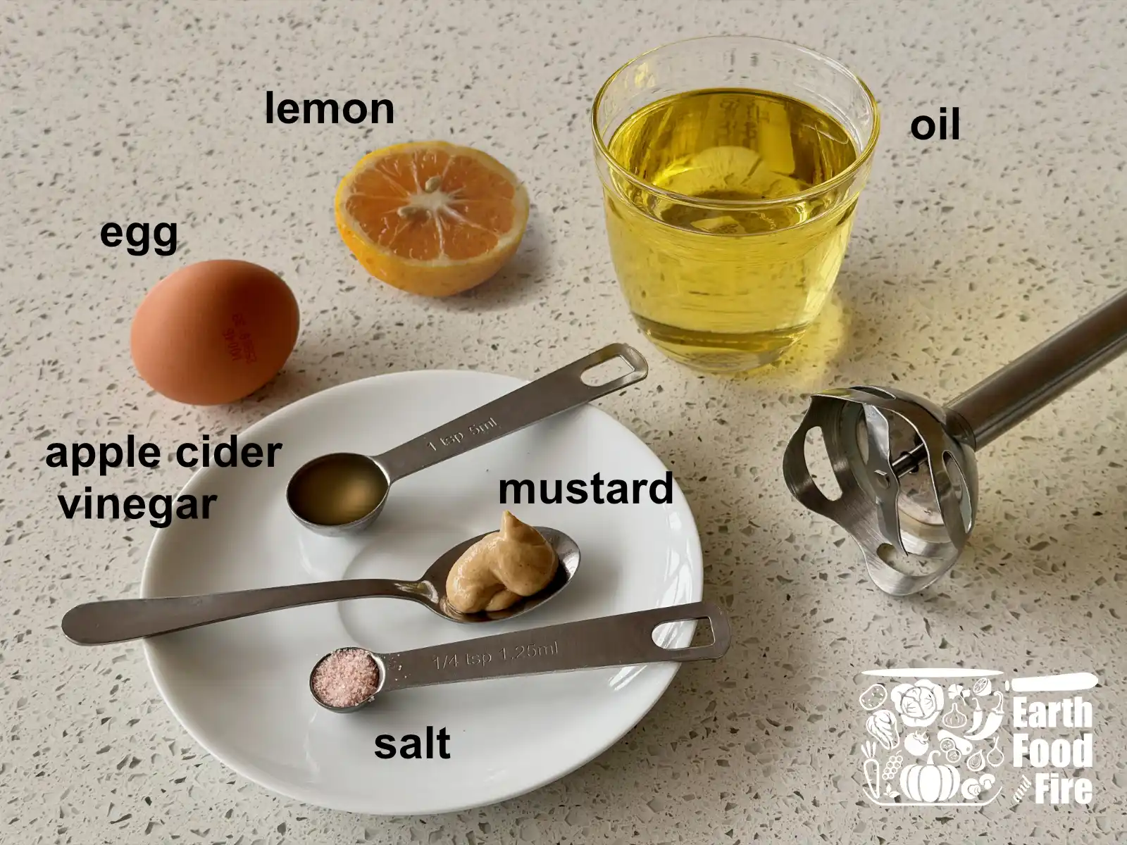 Egg, light olive oil, Dijon mustard, apple cider vinegar, lemon and salt arranged next to a stick blender on a kitchen counter.