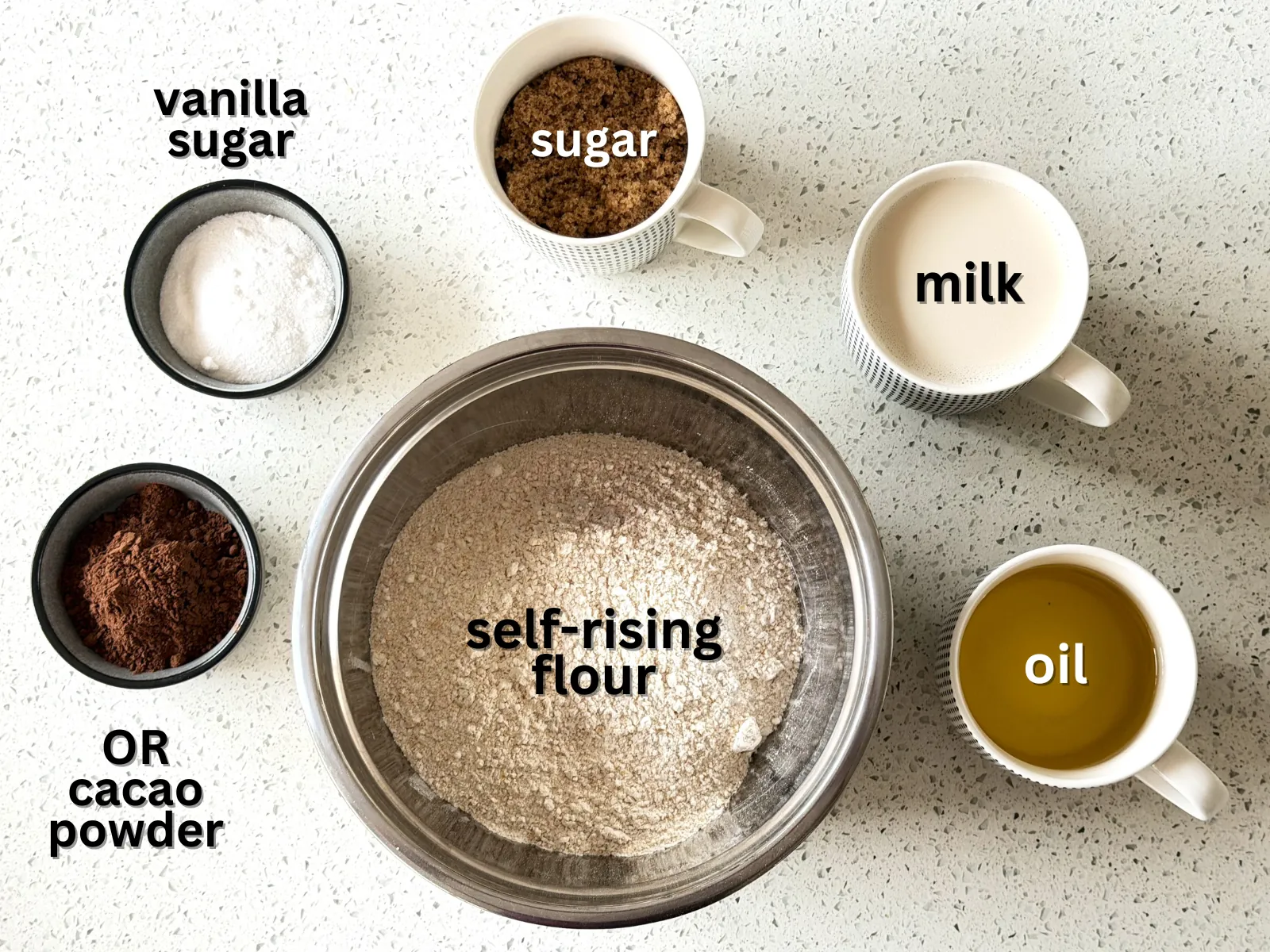 easy recipes for cakes ingredients - self-rising flour, sugar, milk, oil, vanilla sugar or cacao powder