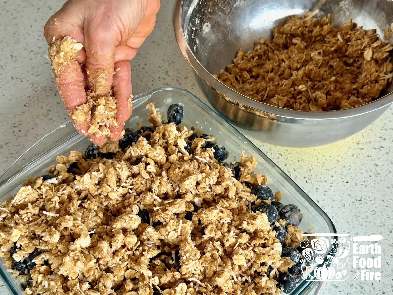 Scatter the cruble topping over blueberries