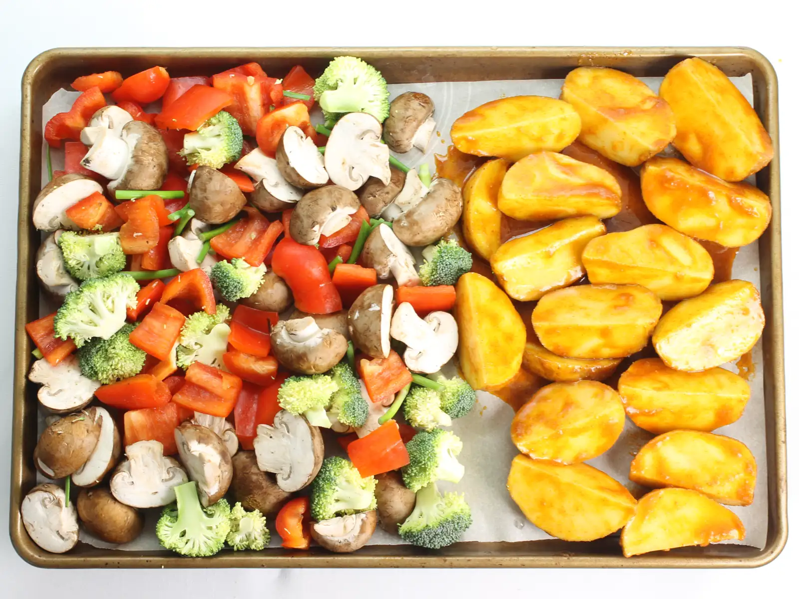 Sheet pan with vegetables and potatoes