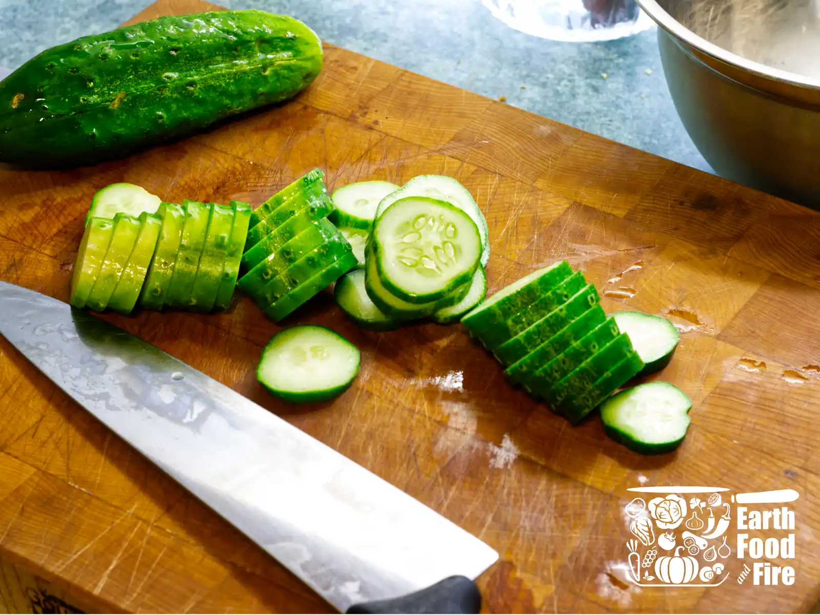 Cucumbers sliced for refrigerator pickles ready for salting