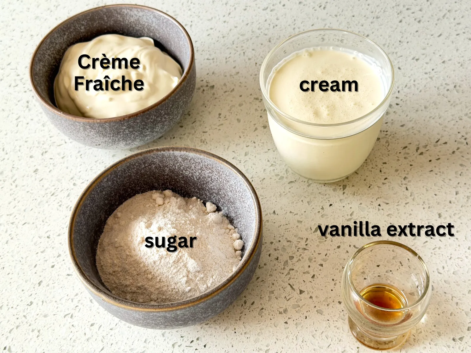 The Vanilla Crème Fraîche cake Filling ingredients - Crème Fraîche, cream, sugar, vanilla extract